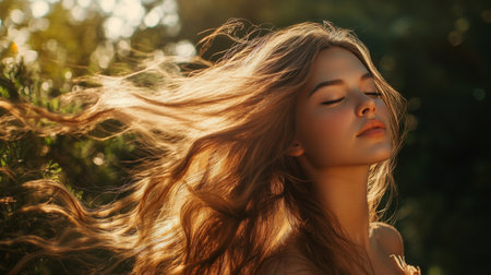 A serene portrait of a woman with long, flowing hair, surrounded by nature, emphasizing natural beauty and tranquility.の素材