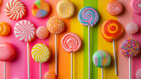 A vibrant array of colorful lollipops arranged on a bright, cheerful background, showcasing a variety of flavors and designs.の素材