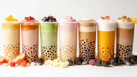 A stylish arrangement of different flavors of bubble tea, including classic milk tea and fruit variations, on a white background for a vibrant display.の素材