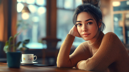 A woman in casual wear with a friendly expression, sitting in a cozy cafe or living room, creating a warm and inviting atmosphere.の素材
