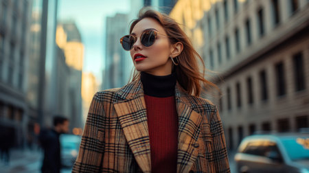 A stylish woman in a fashionable outfit, walking confidently down a city street, embodying modern fashion and grace.の素材