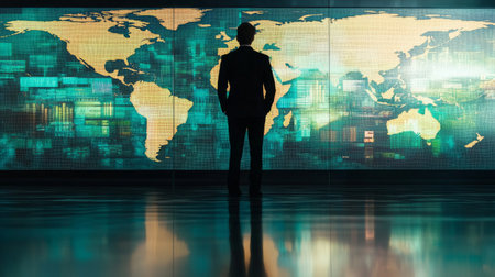 A businessman standing in front of a large screen displaying global financial graphs and world maps, symbolizing international trade and finance.の素材