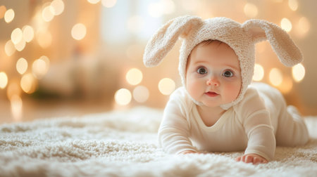 A baby dressed in a whimsical costume, like a bunny or bear, crawling on a soft blanket with a look of wonder and delight.の素材