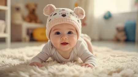 A baby with a playful expression wearing a cute animal-themed hat, lying on a soft, fluffy rug in a bright and cheerful room.の素材