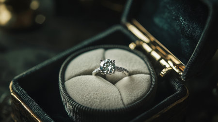 A close-up of an elegant jewelry box, slightly open to reveal a sparkling diamond ring inside, symbolizing love, commitment, and special momentsの素材