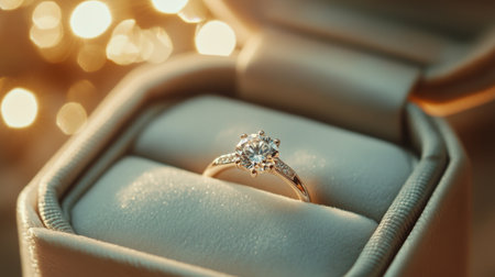 A close-up of an elegant jewelry box, slightly open to reveal a sparkling diamond ring inside, symbolizing love, commitment, and special momentsの素材