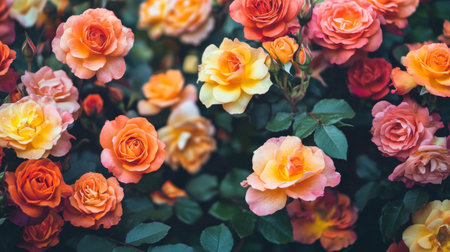 A close-up of a cluster of roses with varying hues of orange and yellow, creating a vibrant and cheerful arrangement in natural light.の素材
