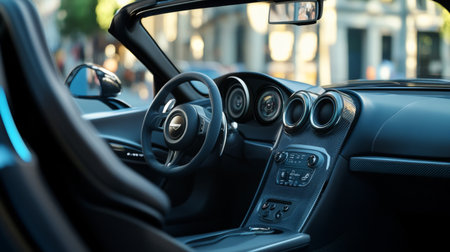 A car interior with premium speakers and a subwoofer, highlighting their placement and design, creating an immersive driving experience.の素材