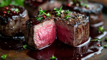 A close-up of a steak with a seared crust, sliced open to reveal a tender pink center, accompanied by a rich red wine sauce and fresh herbs.の素材
