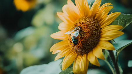 A bee pollinating a sunflower in a garden, captured in close-up, symbolizing the importance of biodiversity and the natural ecosystem.の素材