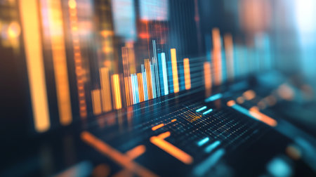 A close-up of a digital financial bar graph on a computer screen, showing a steady increase in revenue over time, symbolizing business growth and successの素材