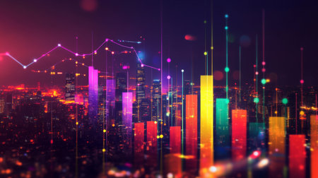 A city skyline at night with overlaid financial bar graphs, symbolizing the connection between urban development and economic growth, with vibrant colorsの素材