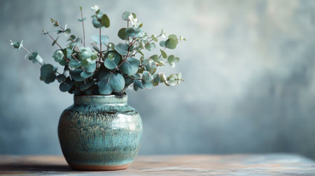 A beautifully glazed pottery vase with a unique, organic shape, filled with eucalyptus branches, symbolizing artisanal craftsmanship and natural beauty.の素材