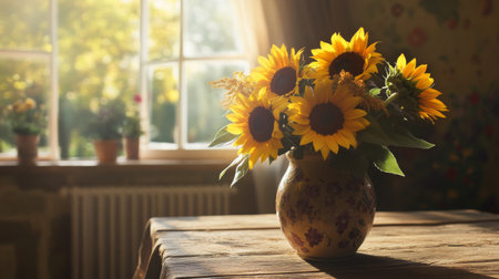 A bouquet of sunflowers placed in a rustic vase on a wooden table, with natural light streaming through a nearby window, creating a warm, cozy atmosphere.の素材