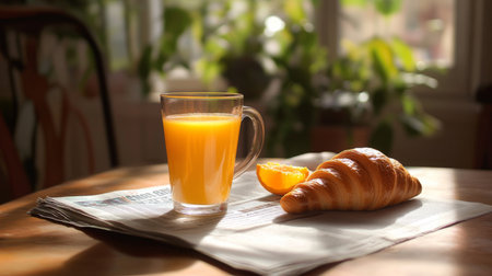 A breakfast scene with a glass of orange juice, a croissant, and a newspaper on a sunny morning, symbolizing a healthy and relaxed start to the dayの素材