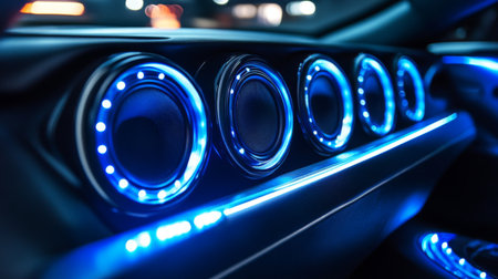 A detailed view of a custom-installed car speaker system with LED lighting, showing off its modern design and enhanced audio experience.の素材