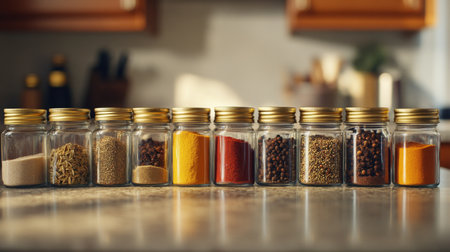 A group of small jars filled with various spices, neatly organized on a kitchen counter, symbolizing culinary creativity and organization.の素材