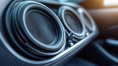 A close-up of high-quality car speakers installed in the doors of a modern vehicle, highlighting their sleek design and premium sound system.の素材