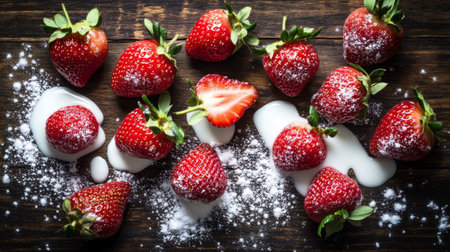 A creative flat lay of strawberries with a splash of milk and a sprinkle of sugar, set on a rustic wooden surface, highlighting a simple yet elegant treatの素材