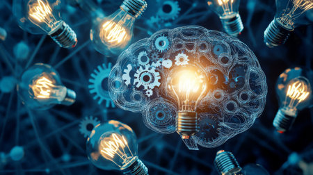 A digital concept of a brain with interconnected gears and lightbulbs, symbolizing the generation and flow of creative ideas.の素材