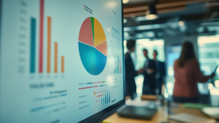 A colorful pie chart and bar graph on a whiteboard in a conference room, with blurred figures of professionals discussing the data.の素材