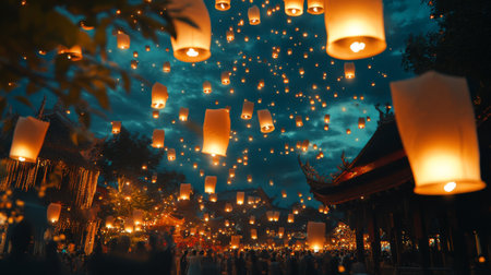 A cultural celebration with floating lanterns released into the night sky, surrounded by traditional decorations and festive lights, highlighting the event atmosphere.の素材