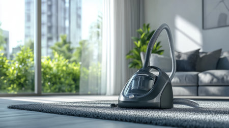 A modern vacuum cleaner in a sleek design, parked upright in a tidy living room with a clean carpet, symbolizing efficiency and cleanliness.の素材