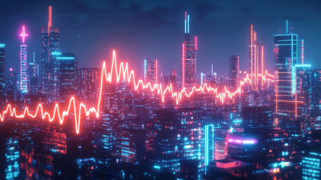 A night cityscape with neon lights forming the shape of EKG waves, symbolizing the pulse of urban life and the rhythm of the city.の素材
