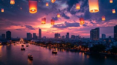 A panoramic view of a cityscape with floating lanterns rising above the skyline, creating a stunning visual contrast against the urban landscape at duskの素材
