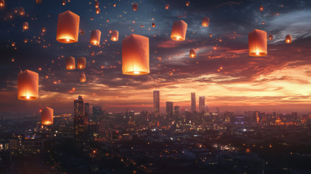 A panoramic view of a cityscape with floating lanterns rising above the skyline, creating a stunning visual contrast against the urban landscape at duskの素材