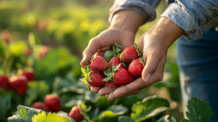 A person holding a handful of freshly picked strawberries, with a soft, blurred farm background, emphasizing the harvest and natural freshness.の素材