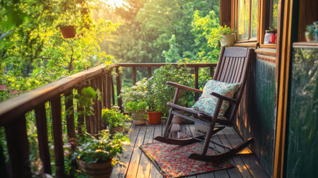 A rustic balcony with wooden railings, a vintage rocking chair, and potted plants, offering a charming and comfortable outdoor retreat.の素材