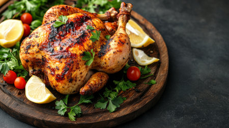 A perfectly grilled chicken served on a rustic wooden platter, with crispy skin and garnished with fresh herbs and lemon wedges, symbolizing delicious home-cooked food.の素材