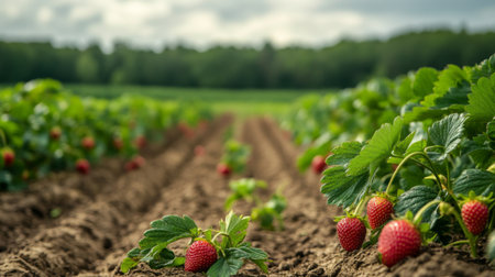 A scenic farm view with rows of strawberry plants ready for harvest, with a focus on the ripe red berries visible among the green leaves.の素材