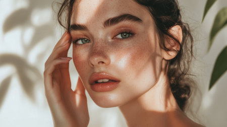 A serene woman with clear, beautiful skin, gently touching her face, with a light, airy background, symbolizing purity and gentle skincare.の素材