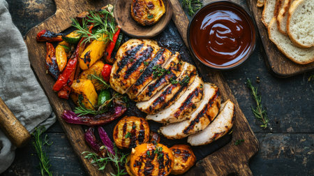 A platter of sliced grilled chicken breast with a side of roasted vegetables and a drizzle of barbecue sauce, set on a picnic table, symbolizing a hearty meal.の素材