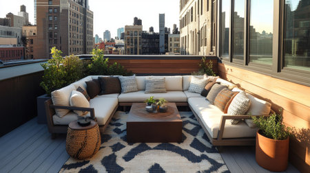 A rooftop balcony with a contemporary design, featuring a sectional sofa, a small coffee table, and an outdoor rug, perfect for entertaining guests.の素材