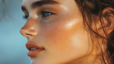 A profile view of a woman's face with clear, healthy skin, her hair gently pulled back, emphasizing the natural beauty of her complexionの素材