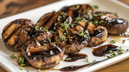 A plate of grilled mushrooms with a drizzle of balsamic glaze, garnished with herbs, showcasing a healthy and flavorful dish.の素材