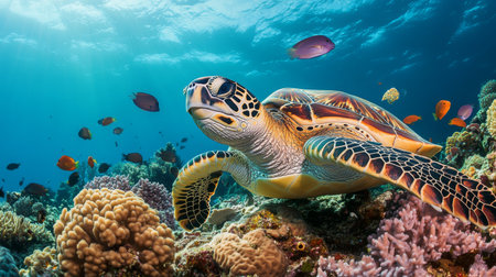 A sea turtle resting on a coral reef, surrounded by small fish and marine life, highlighting the importance of reef ecosystems and underwater biodiversity.の素材