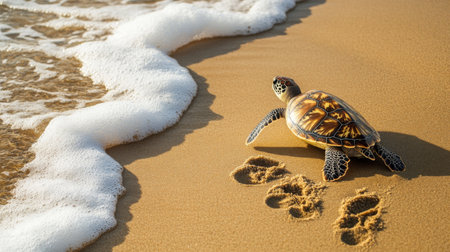 A sea turtle emerging from the water and crawling onto a sandy beach, with footprints trailing behind, representing the nesting process and conservation efforts.の素材