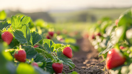 A scenic farm view with rows of strawberry plants ready for harvest, with a focus on the ripe red berries visible among the green leaves.の素材
