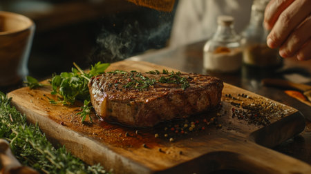 A rustic kitchen scene with a steak being seasoned and prepared on a wooden cutting board, surrounded by fresh herbs and spices.の素材