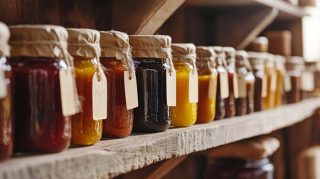A shelf lined with jars of homemade jams in different flavors, with rustic labels, symbolizing tradition, homemade goods, and culinary passion.の素材