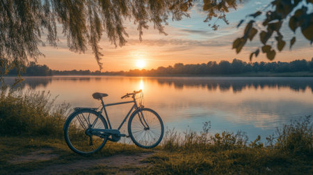 A serene scene of a bicycle parked by a lakeside at sunrise, with calm waters and early morning light creating a peaceful atmosphere.の素材