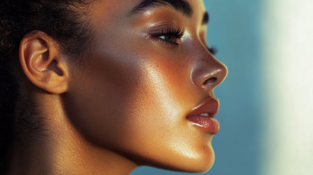 A profile view of a woman's face with clear, healthy skin, her hair gently pulled back, emphasizing the natural beauty of her complexionの素材