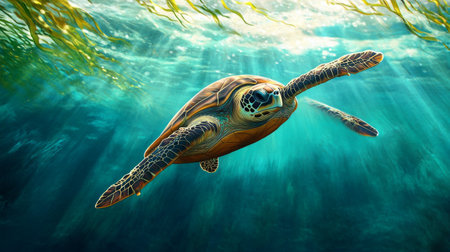 A sea turtle swimming close to the surface with a backdrop of turquoise water and floating seaweed, showcasing the peaceful and vibrant marine environment.の素材