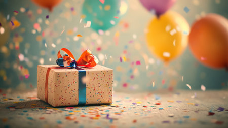 A single, open gift box with a colorful ribbon on a table, with confetti and balloons in the background, symbolizing celebration and surprise. aの素材