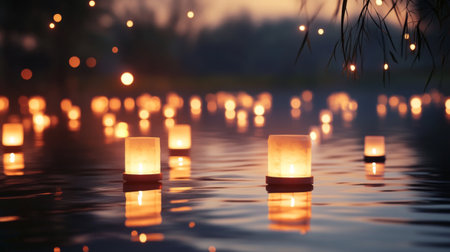 A serene scene of floating lanterns reflected in a calm lake, with soft, glowing lights creating a peaceful and enchanting evening ambiance.の素材