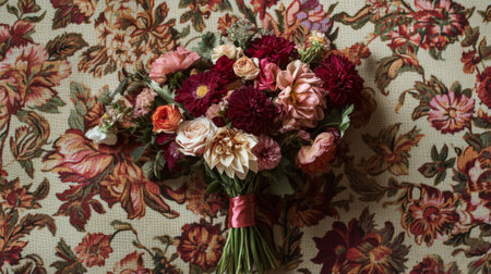 A top view of a bunch of assorted flowers tied together with a ribbon, placed on a patterned fabric, capturing the texture and colors of the bouquet.の素材